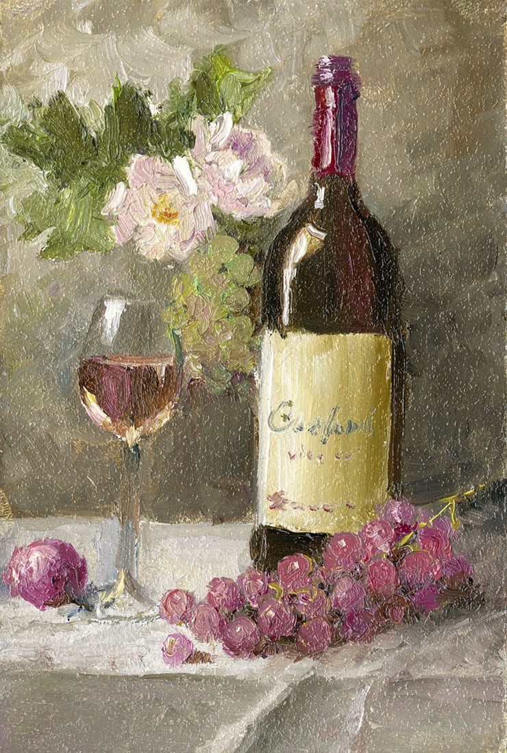 Irina Alekseyenko (Ukraine,b 1965) oil painting: ARTIST: Irina Ivanivna Alekseyenko (Ukraine, born 1965) TITLE: Still Life with Wine and Grapes MEDIUM: oil on board CONDITION: Very good. No visible inpaint under UV light.<
