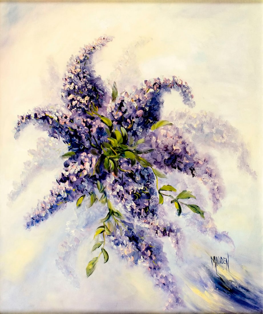 Terry Madden (FL,PA,1940-2017) oil painting: ARTIST: Terrence Madden (Florida, Pennsylvania, 1940 - 2017) TITLE: Still Life with Lilac MEDIUM: oil on canvas CONDITION: Very good. No visible inpaint under UV light.