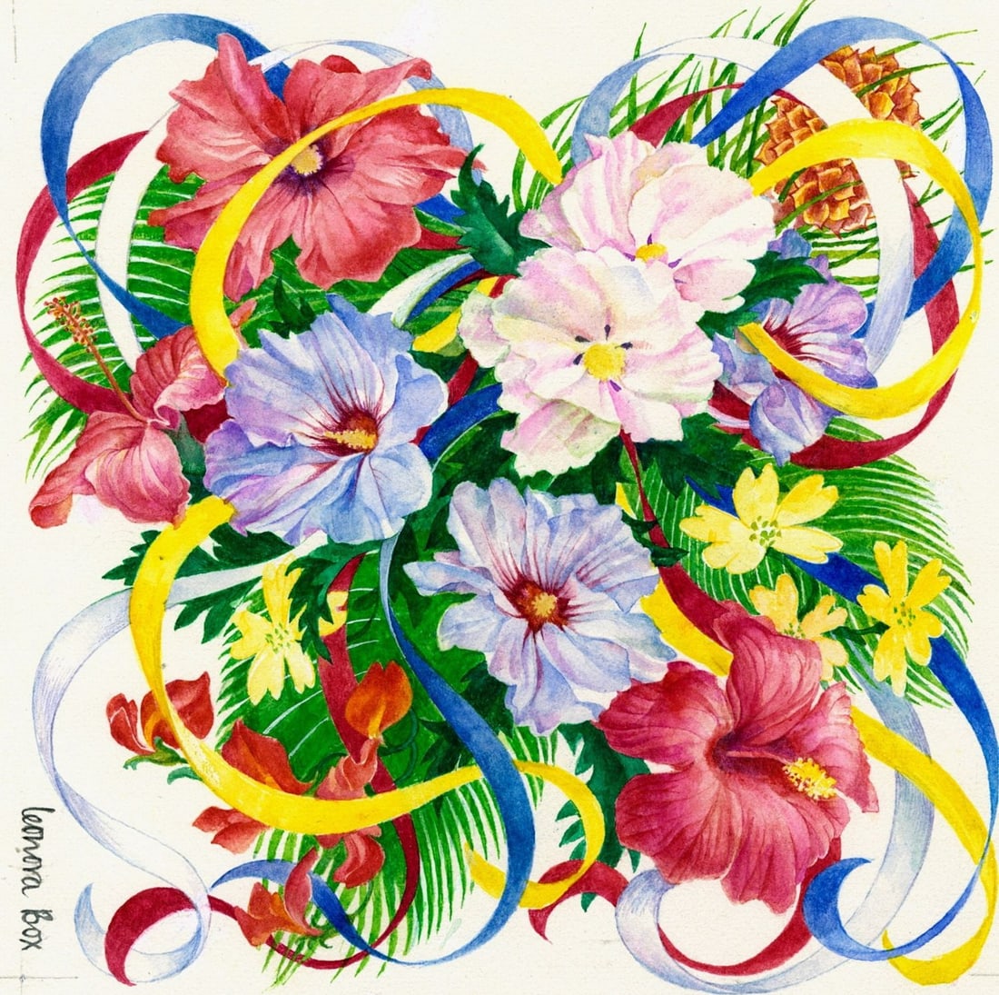 Leonora Box (UK,1936-?) watercolor painting: ARTIST: Leonora Box (United Kingdom, 1936 - ???) TITLE: Tuvalu (titled on verso) YEAR: 1981 MEDIUM: watercolor on board CONDITION: Minor damages to cor