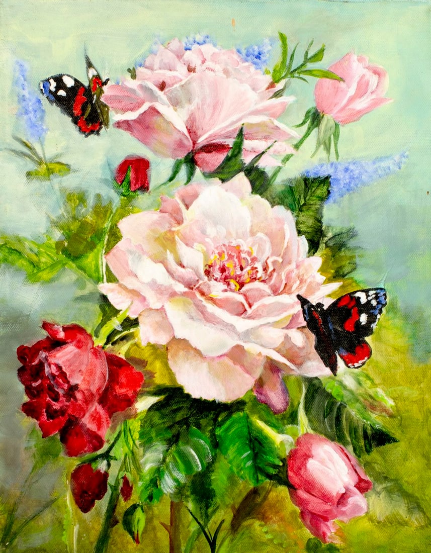 Vintage 20C American oil painting: ARTIST: - (American, 20 century) TITLE: Still Life with Roses and Butterflies MEDIUM: oil on canvas CONDITION: Overall good. No visible inpaint under UV light.