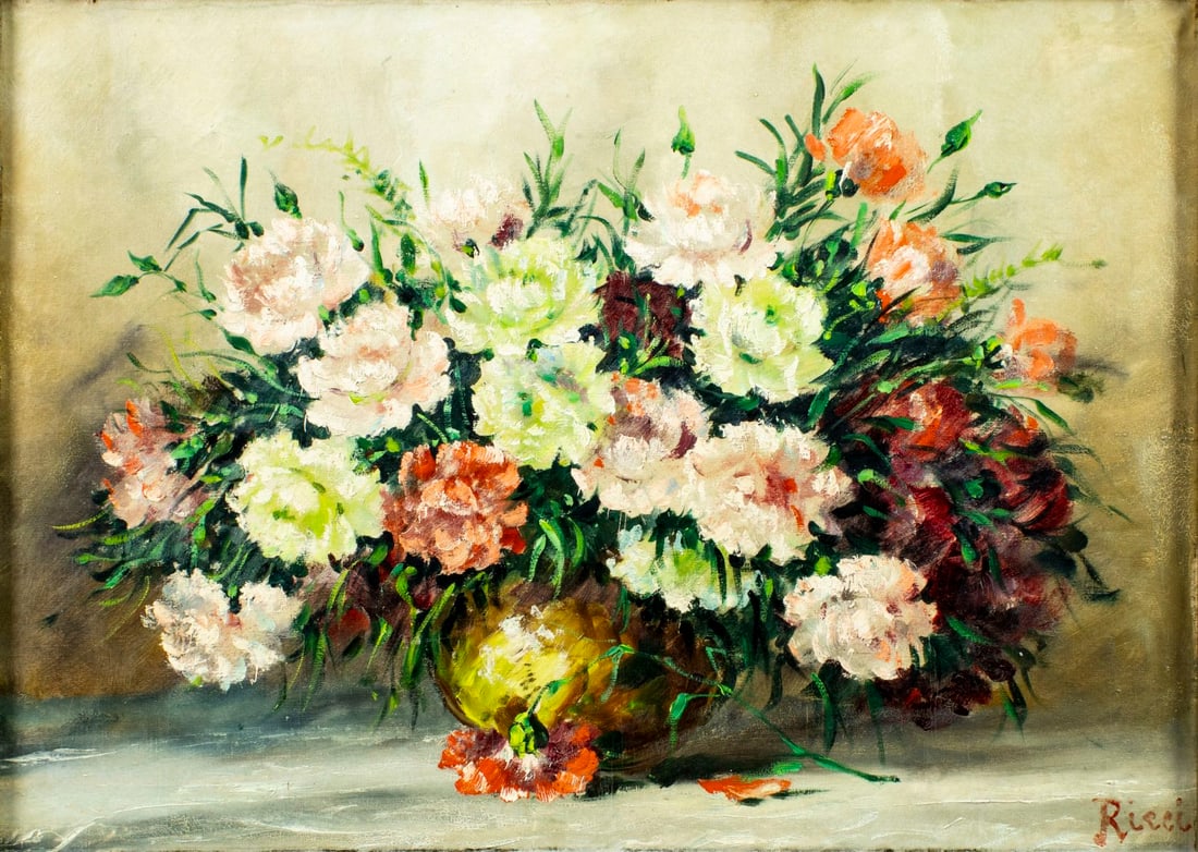 Ricci (Italy,mid 20C) oil painting: ARTIST: Ricci (Italian, mid 20 century) TITLE: Still Life with Vase of Flowers MEDIUM: oil on canvas CONDITION: Few nail holes by the upper egde. Few minor paint losses. Som