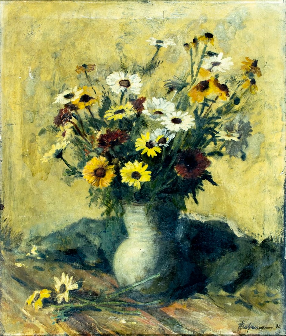 Vintage mid 20C Danish oil painting signed: ARTIST: - (Denmark, mid 20 century) TITLE: Still Life with Vase of Flowers MEDIUM: oil on canvas CONDITION: Some small scratches/paint losses. Some craquelure. Some scatte