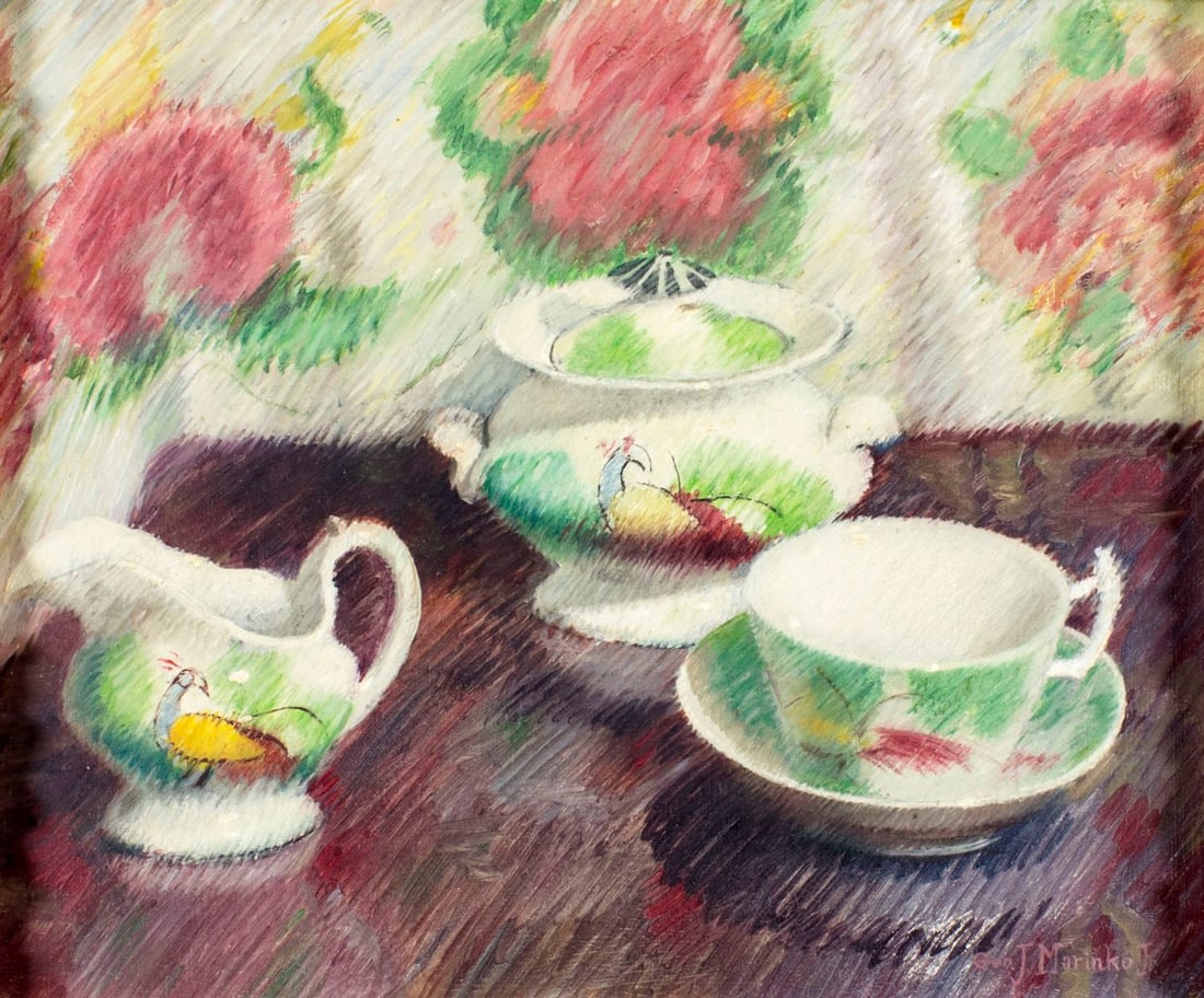George Marinko (CT,NY,1908-1989) oil painting antique: ARTIST: George J Marinko (Connecticut, New York, 1908 - 1989) NAME: Still Life with Tea Set YEAR: circa 1933 MEDIUM: oil on board CONDITION: Minor craquelure. No visible