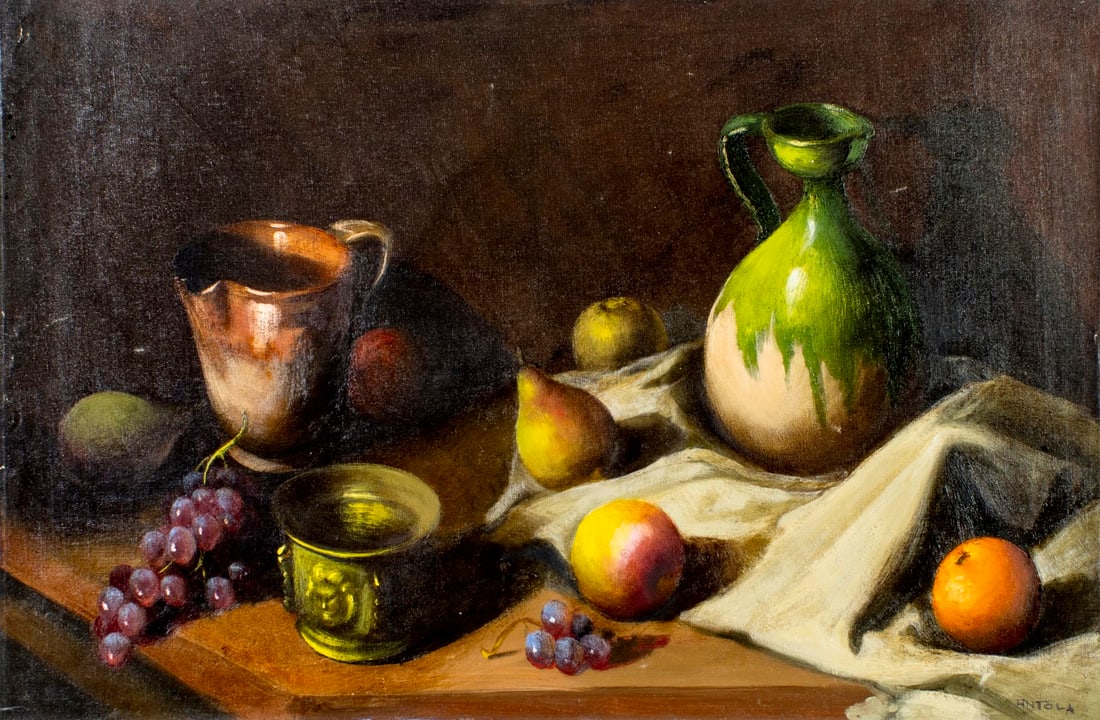 Antola (Europe,20C) oil painting: ARTIST: Antola (European, 20 century) TITLE: Still Life with Fruit and Jugs MEDIUM: oil on canvas CONDITION: Unstretched (In-House stretching available) (In-House stretching