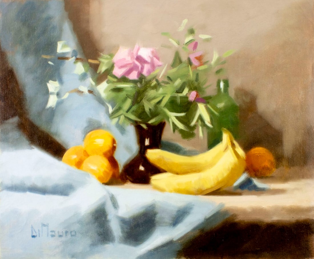 Di Mauro (Italy,20C) oil painting: ARTIST: Di Mauro (Italian, 20 century) TITLE: Still Life with Fruit and Vase of Flowers MEDIUM: oil on canvas CONDITION: Unstretched (In-House stretching available) (In-Hous