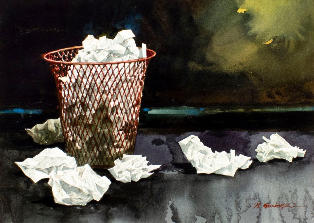 Vintage 20C American watercolor painting signed: ARTIST: - (American, 20 century) TITLE: Still Life with Trash Can YEAR: 1998 MEDIUM: watercolor on heavy paper CONDITION: Few minor scratches. Wear to