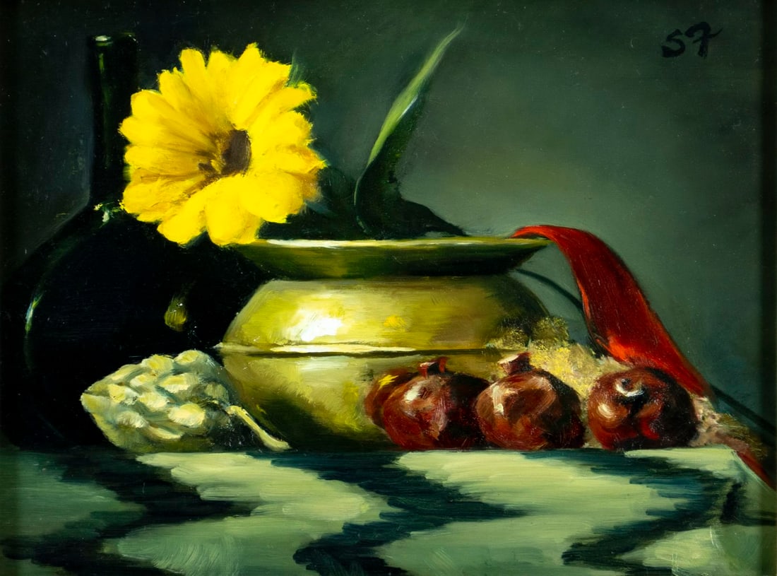 Sean Fanell (US,20C) oil painting: ARTIST: Sean Fanell (American, 20 century) TITLE: Still Life with Pomegranates YEAR: 1994 MEDIUM: oil on board CONDITION: Few minor paint losses mostly i