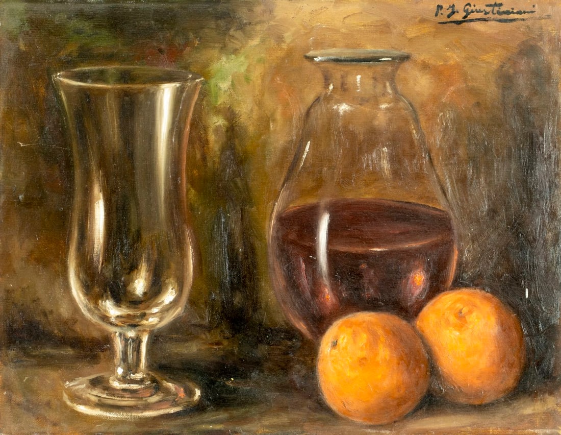 P Giustiniani (US,20C) oil painting: ARTIST: P Giustiniani (American, 20 century) TITLE: Still Life with Wine and Oranges YEAR: 1971 MEDIUM: oil on canvas board CONDITION: Few small scratche