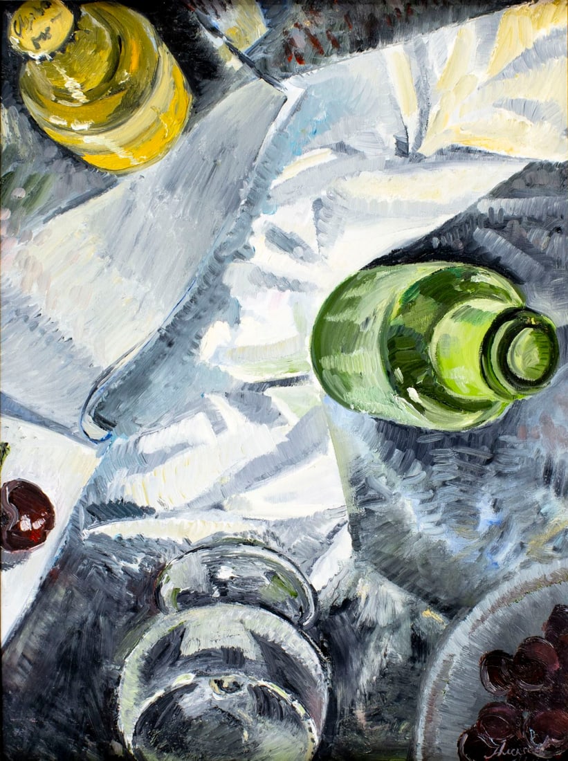 Alexeev (Russia,20C) oil painting: ARTIST: Alexeev (Russian, 20 century) TITLE: Still Life with Bottles and Glasses MEDIUM: oil on canvas CONDITION: Few small paint losses along edges. No visible inpaint unde