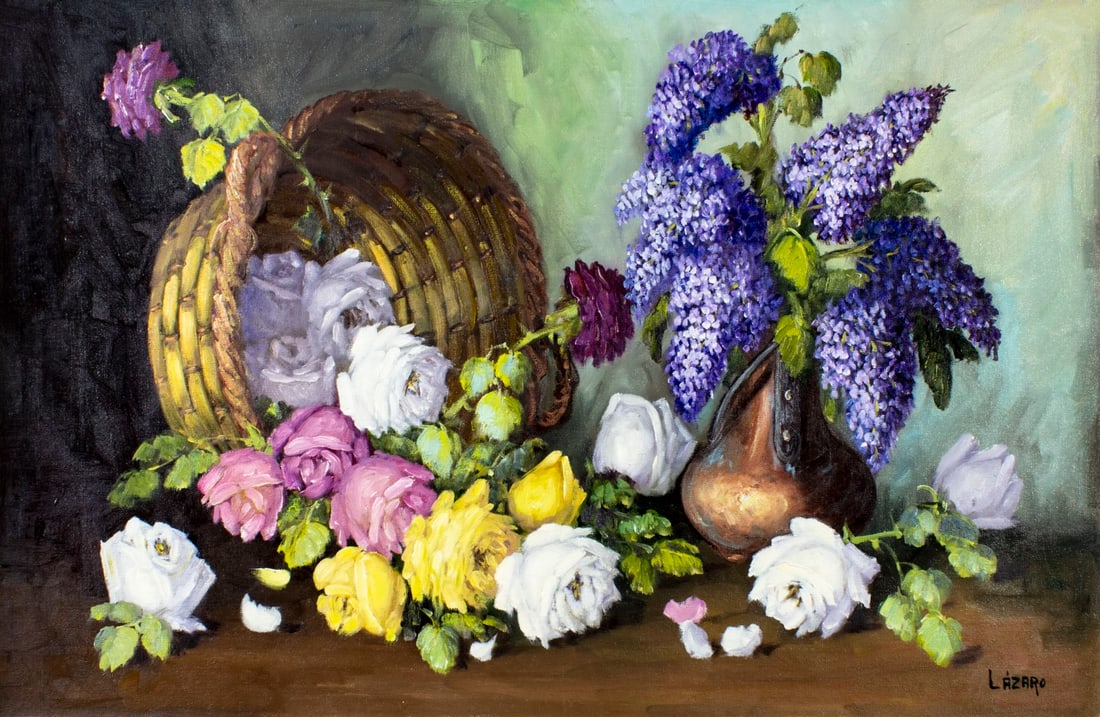 Antique (Spain,1929-?) oil painting: ARTIST: V Lazaro (European, 20 century) TITLE: Still Life with Rose Basket and Vase Of Lilacs MEDIUM: oil on canvas CONDITION: Unstretched (In-House stretching available) (I