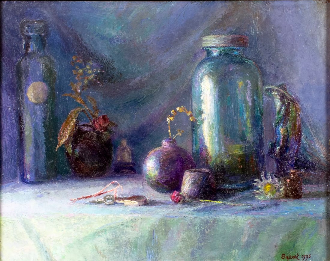 Joseph Szarek (RI,1946-?) oil painting: ARTIST: Joseph Szarek (Rhode Island, 1946 - ???) TITLE: Still Life with Jar (titled on label) YEAR: 1993 MEDIUM: oil on board CONDITION: Few minor pain