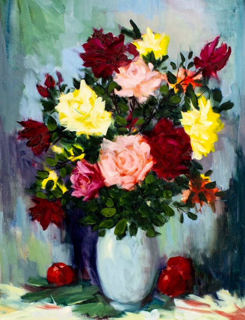 V Dorsele (Europe,20C) oil painting: ARTIST: V Dorsele (European, 20 century) TITLE: Still Life with Vase of Roses and Apples MEDIUM: oil on canvas CONDITION: Unstretched (In-House stretching available) (In-Hou