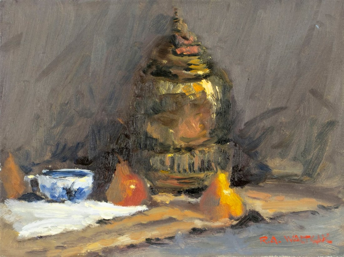 Robert Waltsak (NJ,b 1944) oil painting: ARTIST: Robert Alan Waltsak (New Jersey, born 1944) TITLE: Still Life with Pears, Kettle and Tea Cup MEDIUM: oil on canvas CONDITION: Overall good. No visible inpaint under