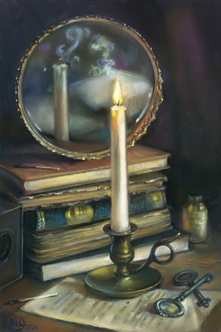 Olena Horbenko (Ukraine,20/21C) pastel painting: ARTIST: Olena Horbenko (Ukrainian, 20/21 centuries) TITLE: Still Life with Mirror, Books and Candle MEDIUM: pastel on heavy paper CONDITION: Very good. ART SIZE:<