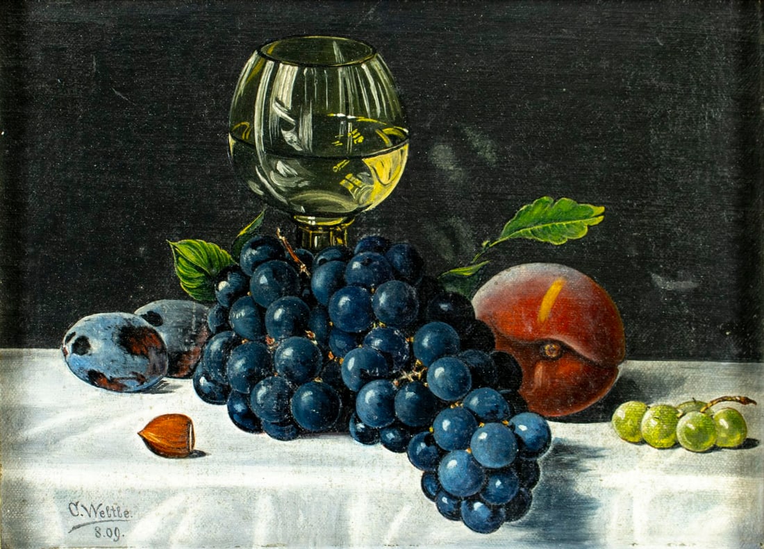 C Weltle (German,early 20C) oil painting antique: ARTIST: C Weltle (Germany, early 20 century) TITLE: Still Life with Fruits YEAR: 1909 MEDIUM: oil on canvas. Canvas applied to board. CONDITION: Few very