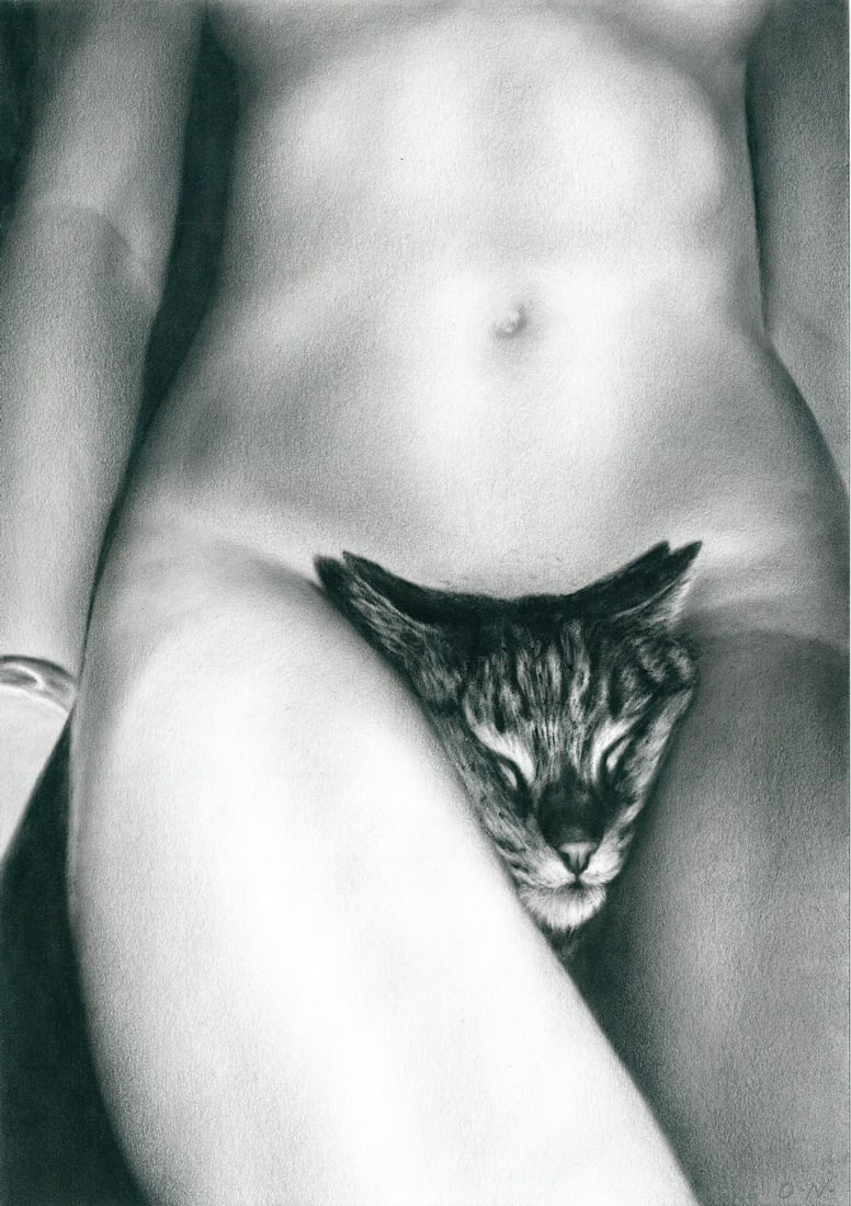 Olga Novostavskaya (Ukraine,b 1967) dry brush oil painting: ARTIST: Olga Novostavskaya (Ukrainian, born 1967) TITLE: Nude with Cat MEDIUM: dry brush oil on paper CONDITION: Very good. ART SIZE: 12 x 8 inches / 30
