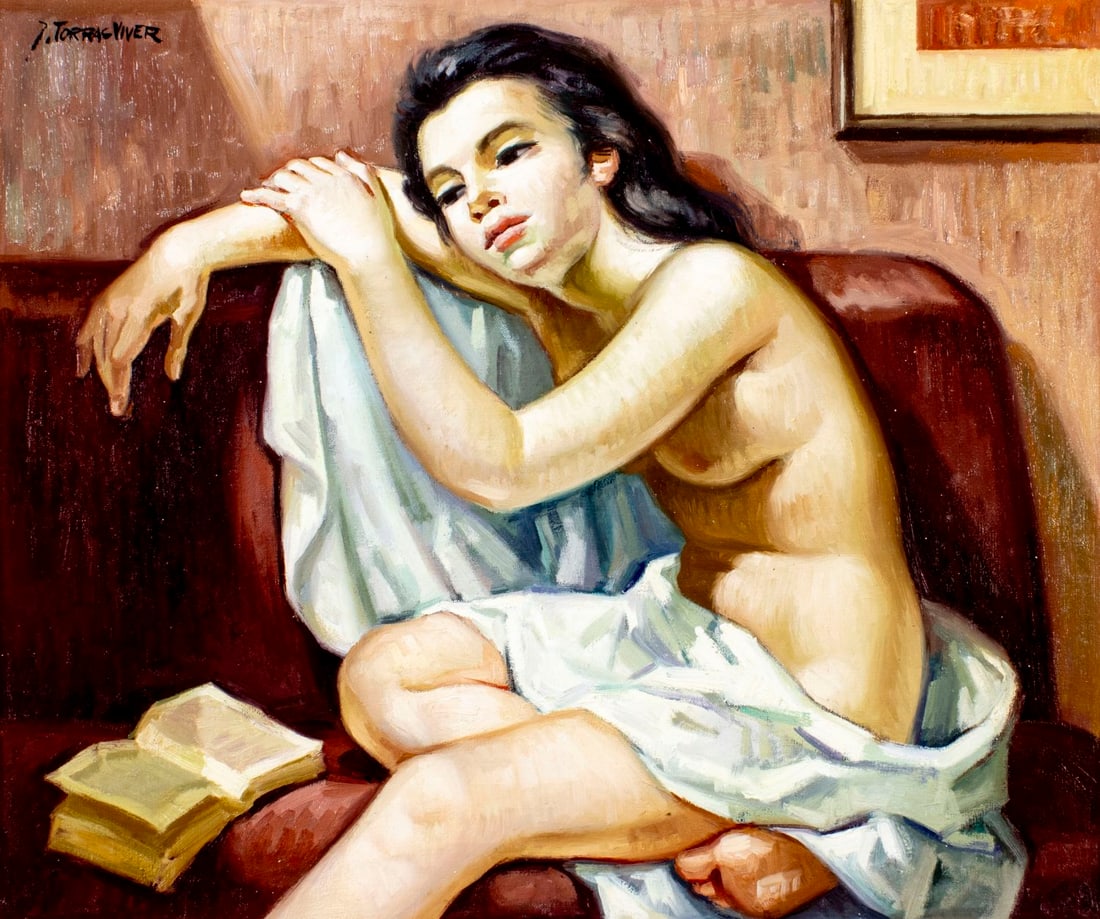 Joan Torras Viver (Spain,1929-2021) oil painting: ARTIST: Joan Torras Viver (Spanish, 1929 - 2021) TITLE: Seated Nude MEDIUM: oil on canvas CONDITION: Unstretched (In-House stretching available) (In-House stretching avail