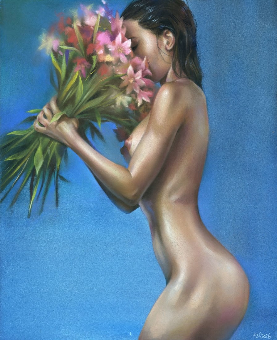 Olga Kuznezova (Ukraine,b 2000) pastel painting: ARTIST: Olga Kuznezova (Ukrainian, born 2000) TITLE: Nude with Flower Bouquet MEDIUM: pastel on heavy paper CONDITION: Very good. ART SIZE: 12 x 9 inches
