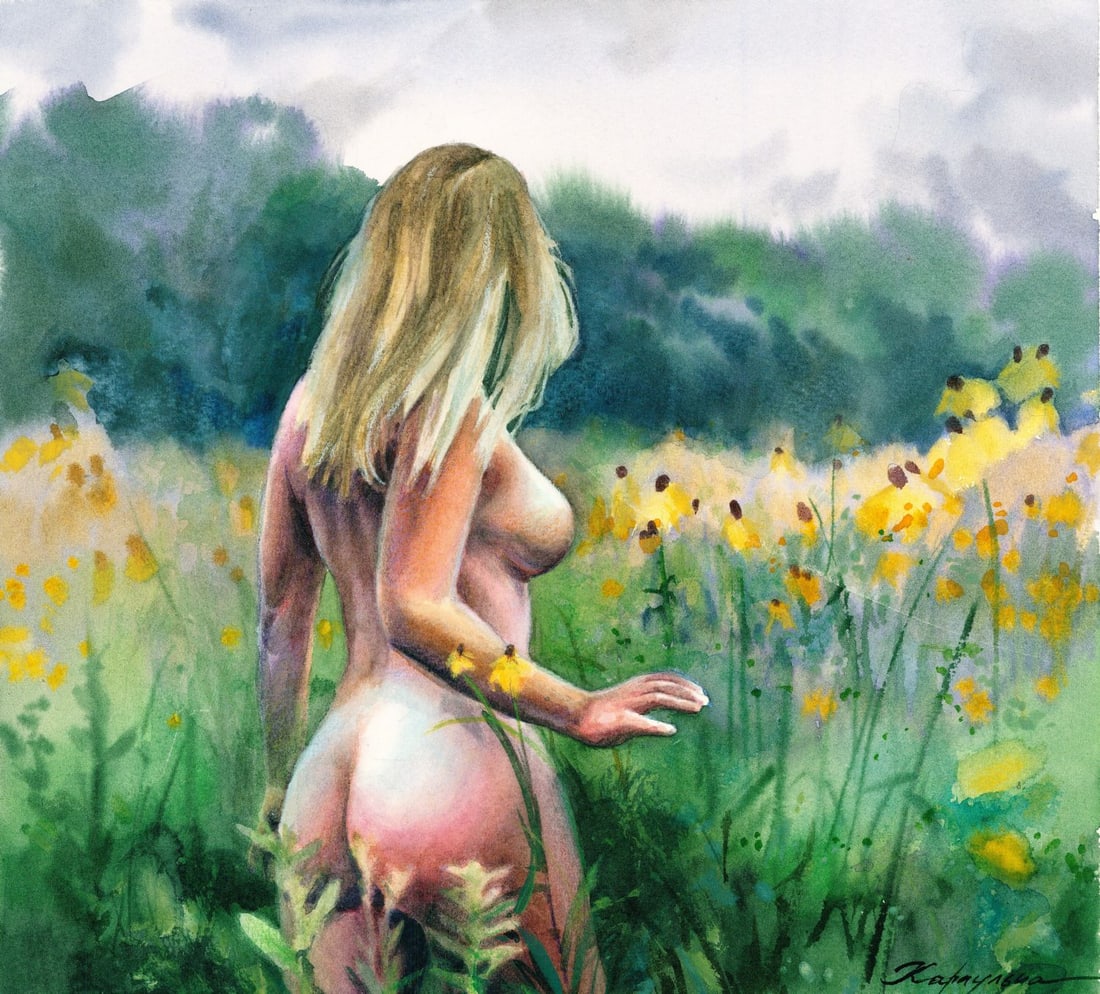 Aleksandra Karaulna (Ukraine,b 1996) watercolor painting: ARTIST: Aleksandra Karaulna (Ukrainian, born 1996) TITLE: Nude MEDIUM: watercolor on heavy paper CONDITION: Very good. ART SIZE: 12 x 13 inches / 30 x 33