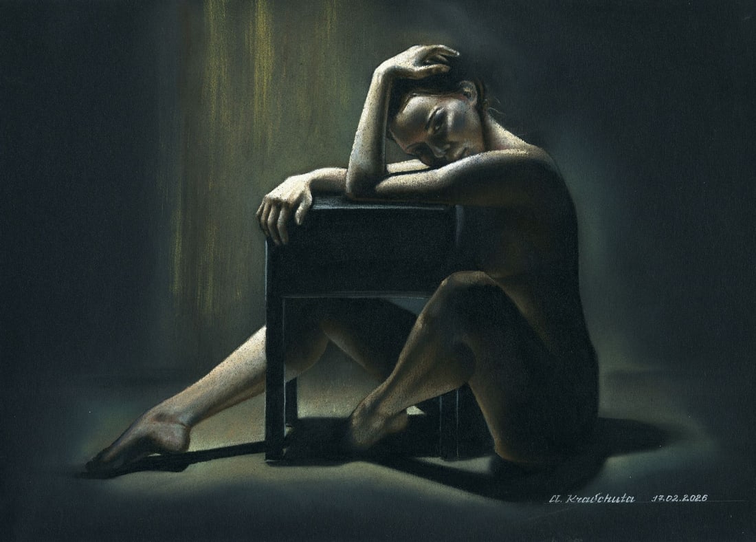 Aleksandra Kravchuta (Ukraine,20/21C) pastel painting: ARTIST: Aleksandra Kravchuta (Ukrainian, 20/21 centuries) TITLE: Seated Nude MEDIUM: pastel on heavy paper CONDITION: Very good. ART SIZE: 10 x 14 inches