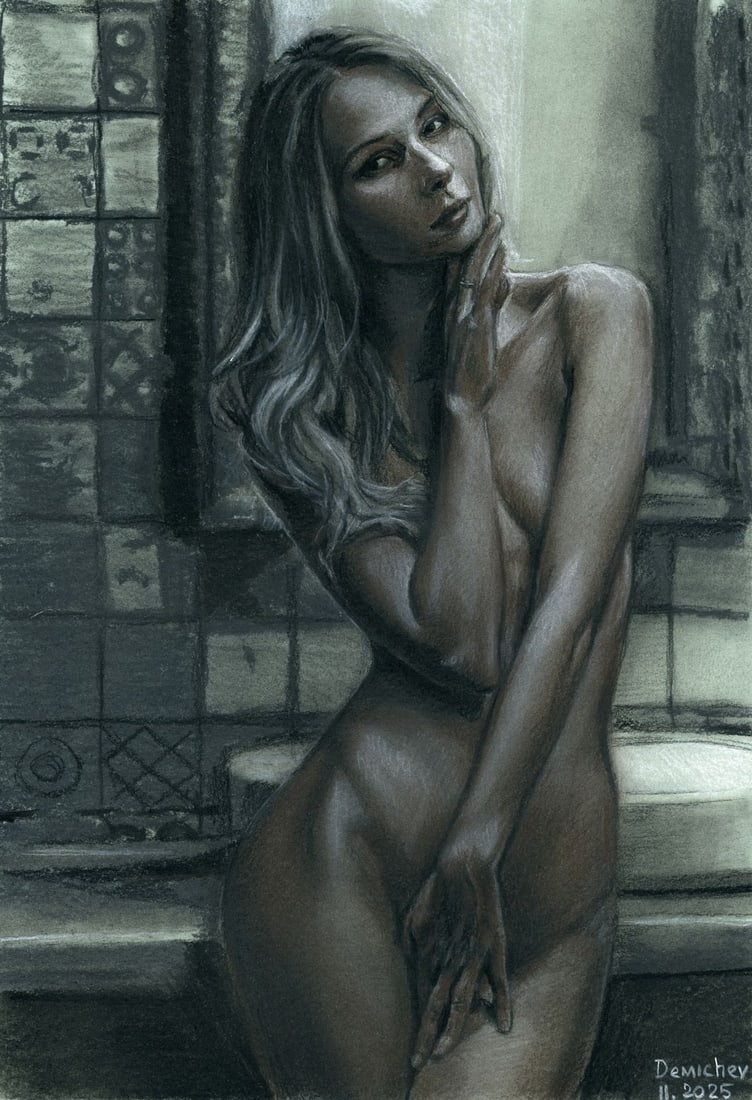 Oleksandr Demichev (Ukraine,20/21C) pastel painting: ARTIST: Oleksandr Demichev (Ukrainian, 20/21 centuries) TITLE: Nude MEDIUM: pastel on heavy paper CONDITION: Very good. ART SIZE: 17 x 12 inches / 43 x 3