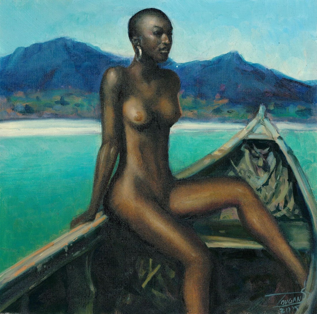 Sergey Dovgan (Ukraine,b 1976) oil painting: ARTIST: Sergey Dovgan (Ukrainian, born 1976) TITLE: Nude in Boat MEDIUM: oil on heavy paper CONDITION: Few minor paint losses. No visible inpaint under UV light.