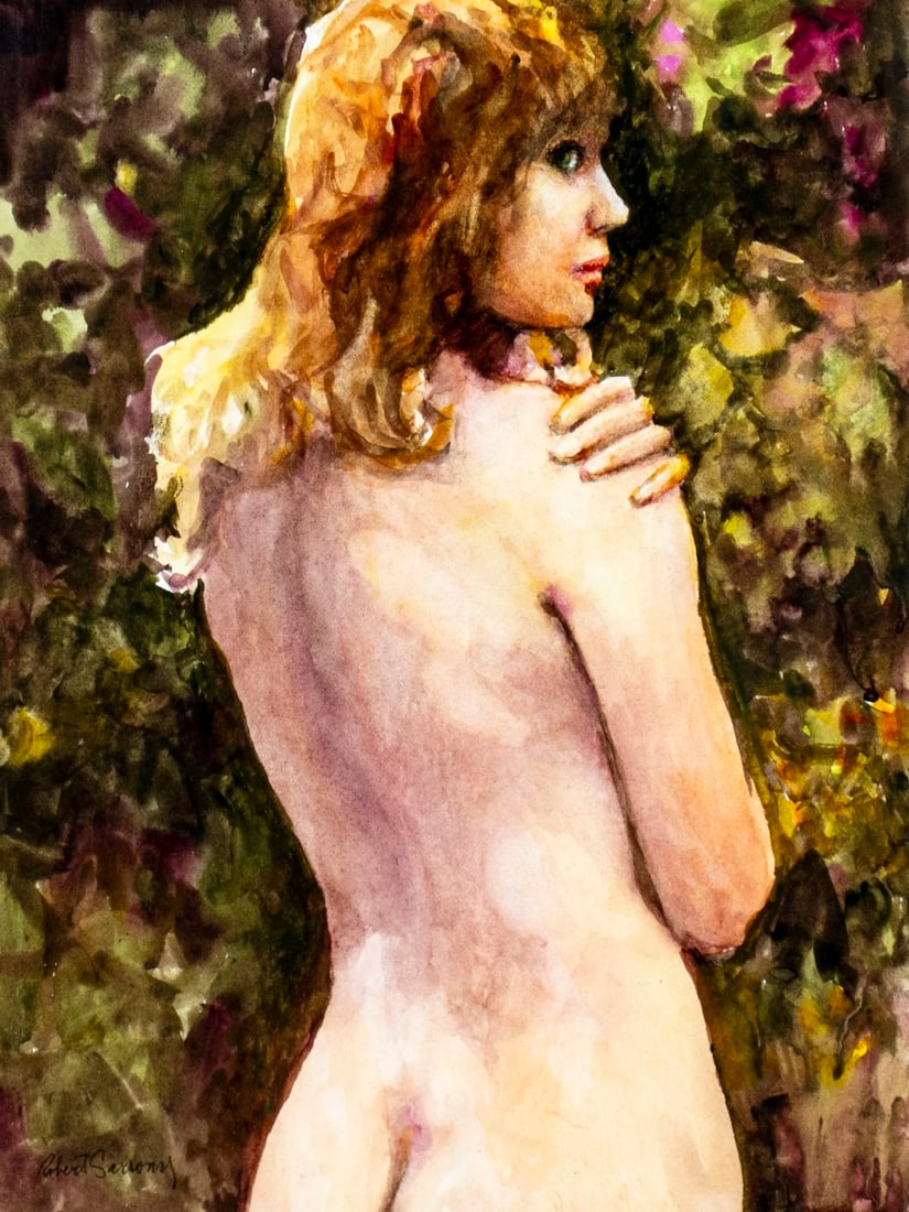 Robert Sarsony (NJ,1938-?) watercolor painting: ARTIST: Robert Sarsony (New Jersey, 1938 - ???) TITLE: Nude (titled on verso) YEAR: 1973 MEDIUM: watercolor on paper CONDITION: Minor age toning. Frame