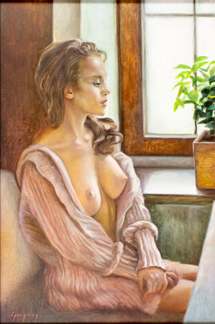 Igor Grey (Ukraine,b 1975) oil painting: ARTIST: Igor Grey (Ukrainian, born 1975) TITLE: Seated Nude by Window - Expectation (titled on verso) YEAR: 2017 MEDIUM: oil on canvas CONDITION: Very go