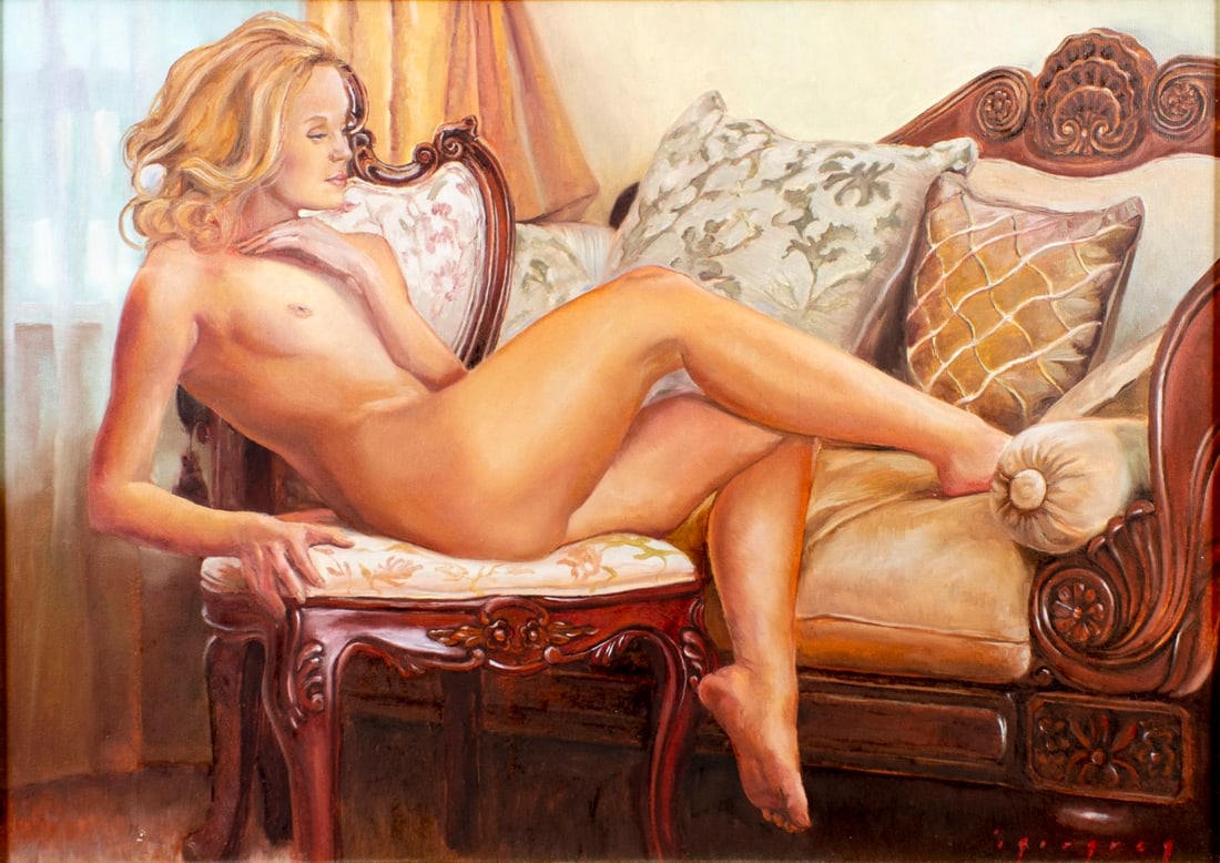 Igor Grey (Ukraine,b 1975) oil painting: ARTIST: Igor Grey (Ukrainian, born 1975) TITLE: Reclining Nude on Sofa YEAR: 2016 MEDIUM: oil on canvas CONDITION: One small indentation in the upper lef