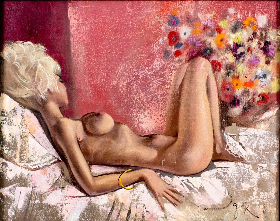 Igor Pantuhoff (NY,Russia,1911-1972) oil painting: ARTIST: Igor Pantuhoff (New York, Russian, 1911 - 1972) TITLE: Reclining Nude with Flowers MEDIUM: oil on canvas CONDITION: Some flaking/paint losses (see pictures carefully