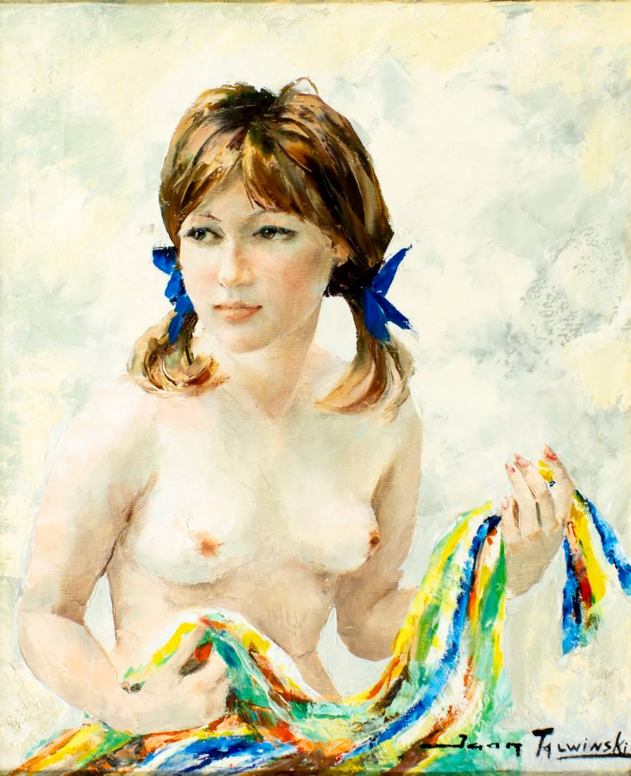 Igor Talwinski (Poland,France,1907-1983) oil painting: ARTIST: Igor Talwinski (Polish, French, 1907 - 1983) TITLE: Nude with Scarf MEDIUM: oil on canvas CONDITION: Missing a few flakes of paint. Some craquelure. No visible inp