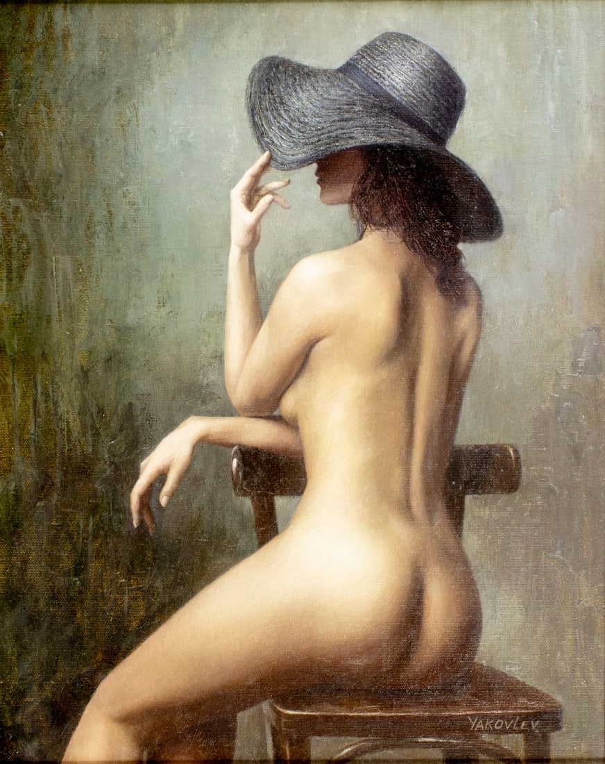 Alexey Yakovlev (Ukraine,b 1976) oil painting: ARTIST: Alexey Yakovlev (Ukrainian, born 1976) TITLE: Seated Nude with Hat YEAR: 2017 MEDIUM: oil on canvas CONDITION: Very good. No visible inpaint unde
