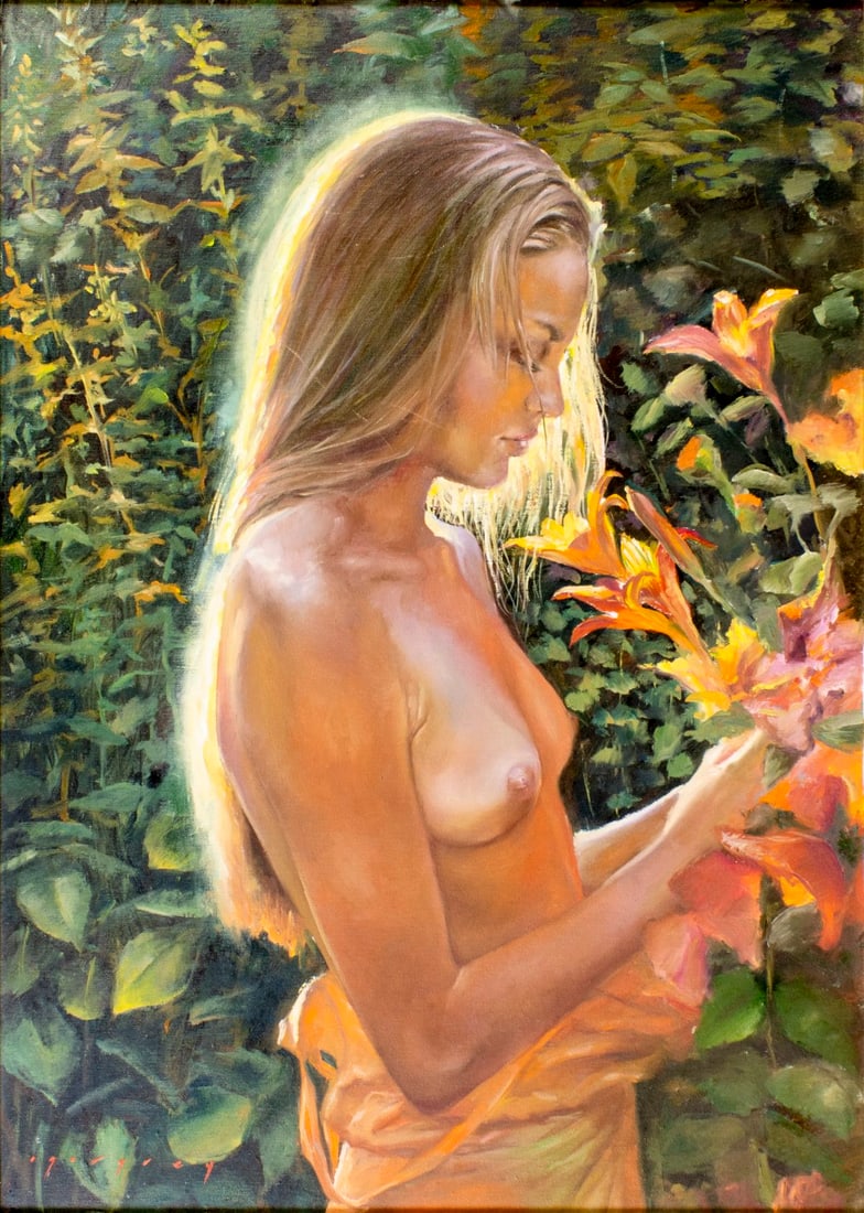Igor Grey (Ukraine,b 1975) oil painting: ARTIST: Igor Grey (Ukrainian, born 1975) TITLE: Nude with Flowers - Orange Mood (titled on verso) YEAR: 2015 MEDIUM: oil on canvas CONDITION: Very good.