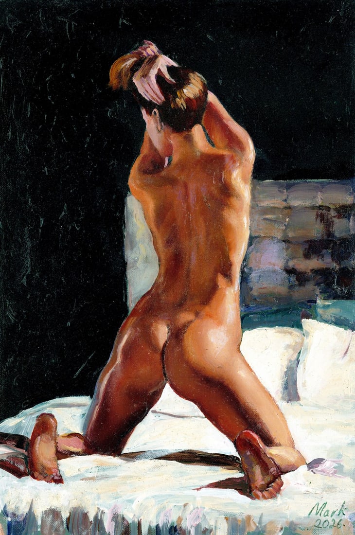 Mark Zybkin (Ukraine,20/21C) oil painting: ARTIST: Mark Zybkin (Ukrainian, 20/21 centuries) TITLE: Kneeling Nude MEDIUM: oil on heavy paper CONDITION: Very good. No visible inpaint under UV light. ART SIZE