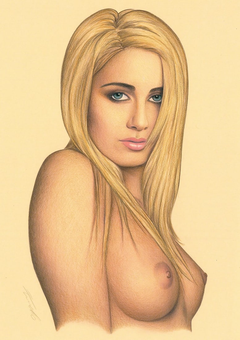Rene Prudlo (German,b 1974) colored pencil painting: ARTIST: Rene Prudlo (Germany, born 1974) TITLE: Nude MEDIUM: colored pencil on heavy paper CONDITION: Very good. ART SIZE: 12 x 8 inches / 30 x 20 cm