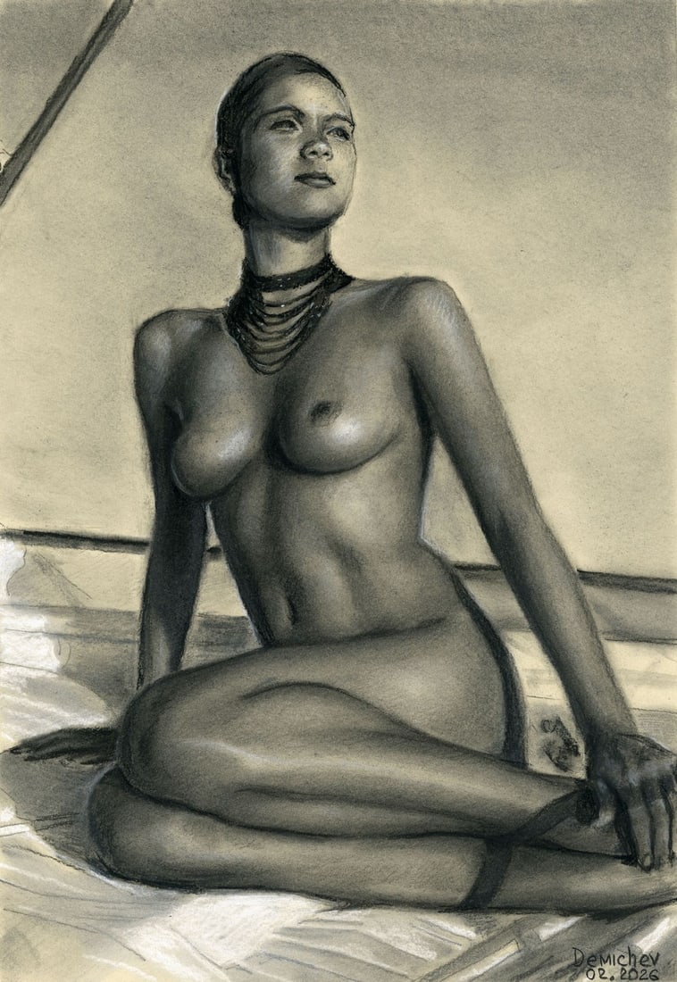 Oleksandr Demichev (Ukraine,20/21C) pastel painting: ARTIST: Oleksandr Demichev (Ukrainian, 20/21 centuries) TITLE: Seated Nude MEDIUM: pastel on heavy paper CONDITION: Very good. ART SIZE: 17 x 12 inches /