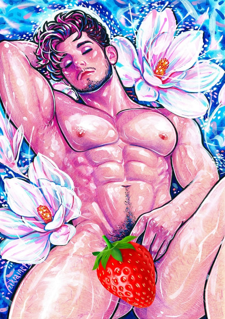 Alex Ukrainets (Ukraine,b 2001) mixed media painting: ARTIST: Alex Ukrainets (Ukrainian, born 2001) TITLE: Male Nude - Blooming Within (titled on verso) MEDIUM: mixed media on heavy paper CONDITION: Very good. ART SI