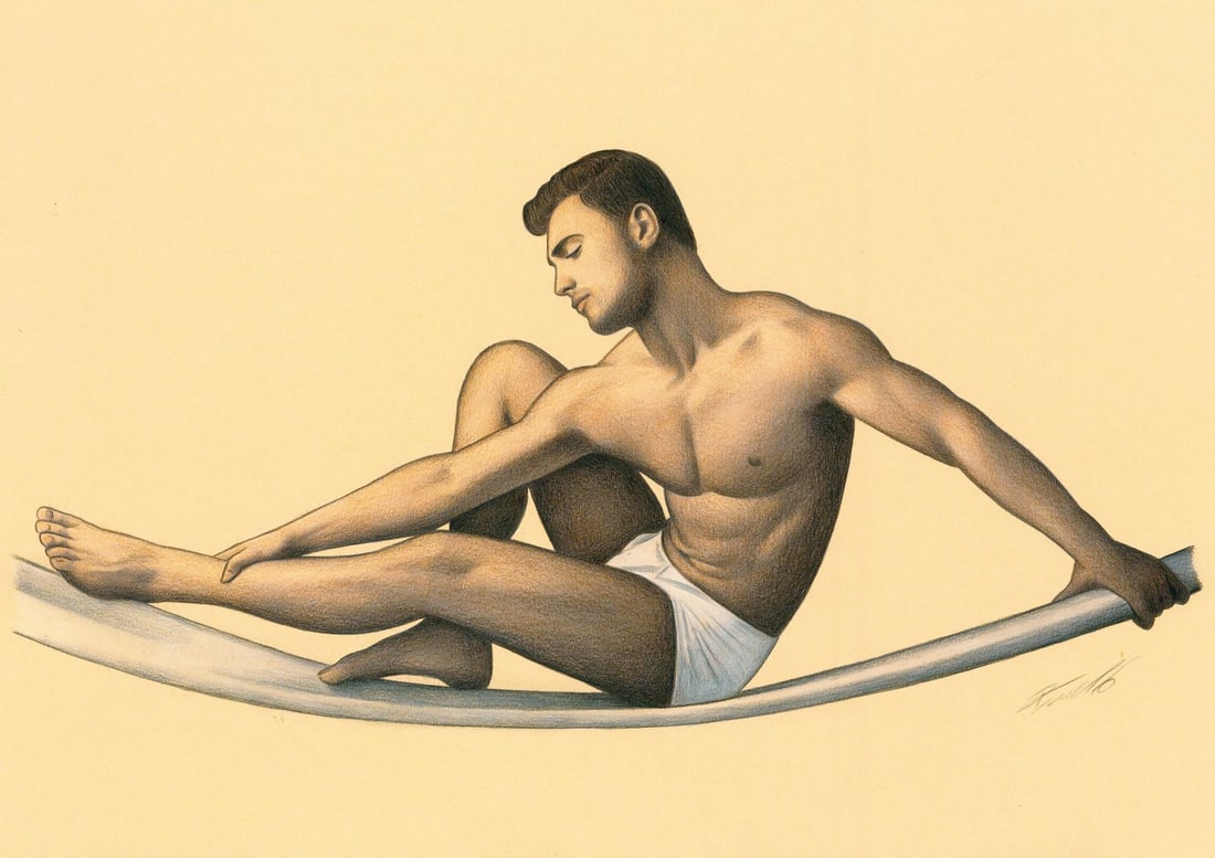 Rene Prudlo (German,b 1974) colored pencil painting: ARTIST: Rene Prudlo (Germany, born 1974) TITLE: Male Nude MEDIUM: colored pencil on heavy paper CONDITION: Very good. ART SIZE: 8 x 12 inches / 20 x 30 c