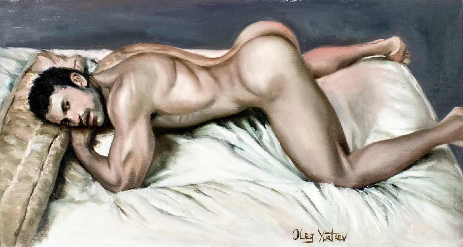 Oleg Yurtaev (Russia,b 1981) oil painting: ARTIST: Oleg Yurtaev (Russian, born 1981) TITLE: Male Nude - Awaiting (titled on verso) MEDIUM: oil on canvas CONDITION: Unstretched (In-House stretching available). Very go