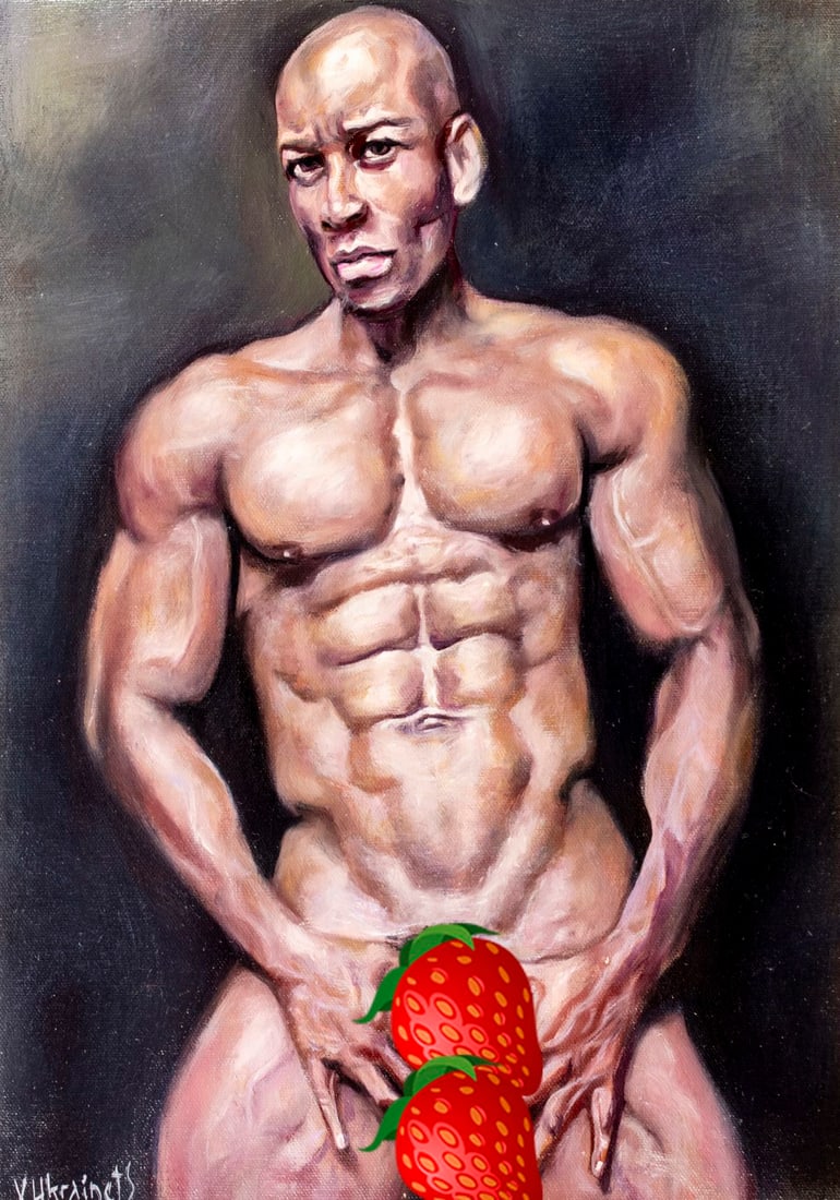 Valentin Ukrainets (Ukraine,b 1965) oil painting: ARTIST: Valentin Ukrainets (Ukrainian, born 1965) TITLE: Male Nude - A Gaze from the Dark (titled on verso) MEDIUM: oil on canvas CONDITION: Unstretched (In-House stretching