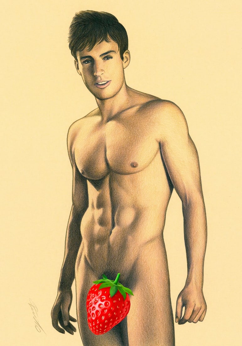 Rene Prudlo (German,b 1974) colored pencil painting: ARTIST: Rene Prudlo (Germany, born 1974) TITLE: Male Nude MEDIUM: colored pencil on heavy paper CONDITION: Very good. ART SIZE: 12 x 8 inches / 30 x 20 c