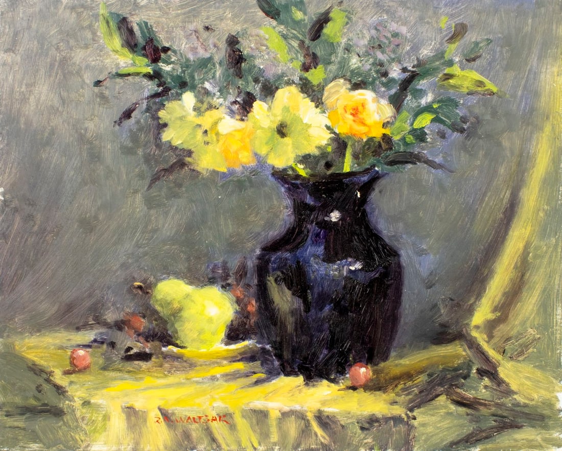 Robert Waltsak (NJ,b 1944) oil painting: ARTIST: Robert Alan Waltsak (New Jersey, born 1944) TITLE: Still Life with Fruit and Vase of Flowers MEDIUM: oil on board CONDITION: Few minor paint losses. No visible inpai