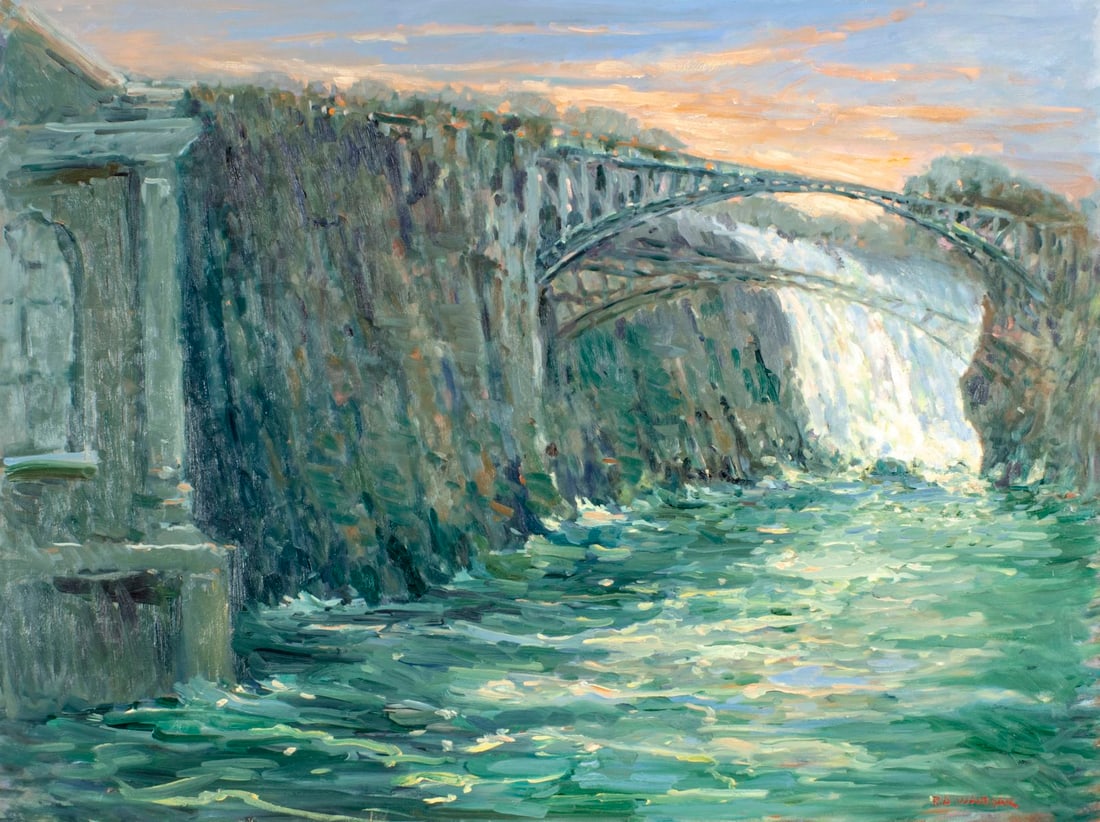 Robert Waltsak (NJ,b 1944) oil painting: ARTIST: Robert Alan Waltsak (New Jersey, born 1944) TITLE: Waterfall Landscape with Bridge MEDIUM: oil on board CONDITION: Few small scratches/paint losses. No visible inpai