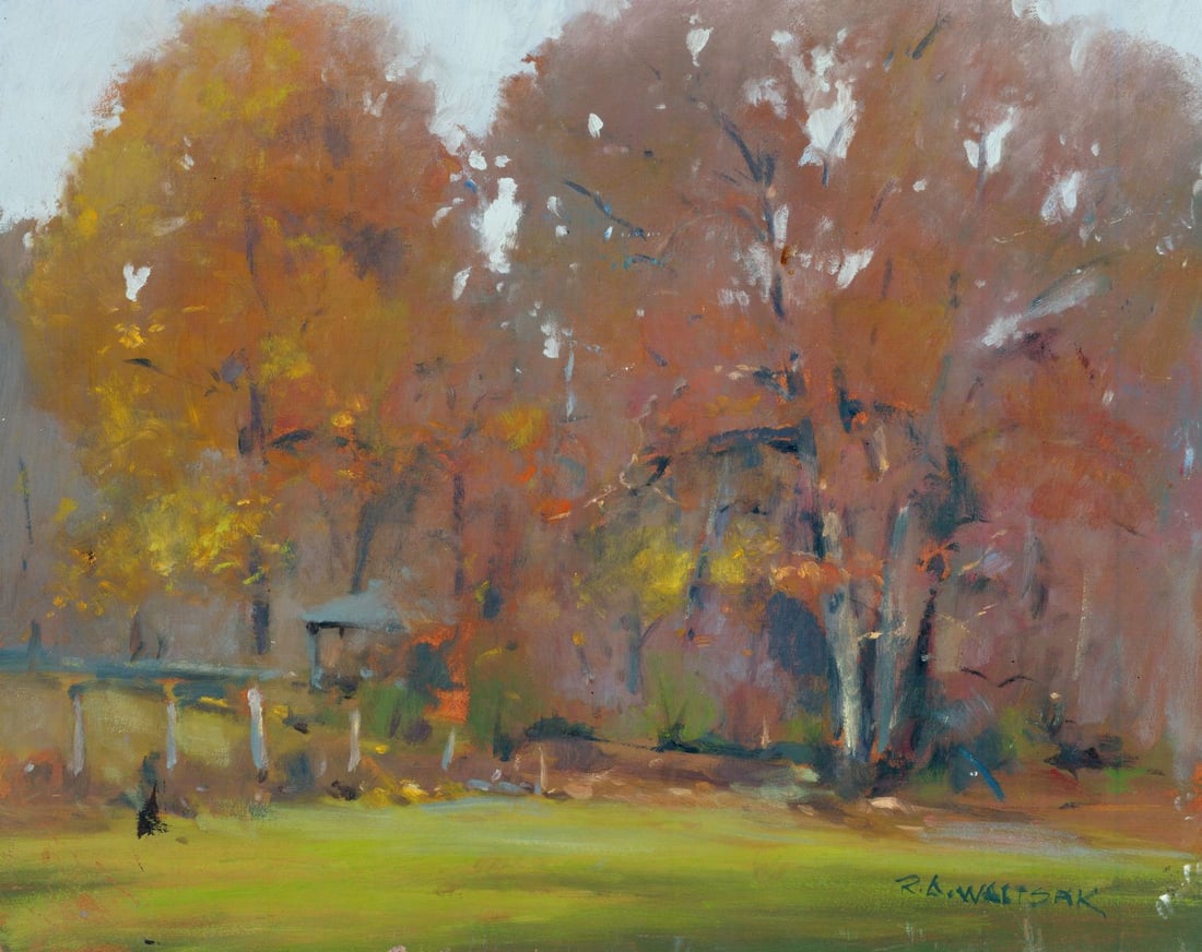 Robert Waltsak (NJ,b 1944) oil painting: ARTIST: Robert Alan Waltsak (New Jersey, born 1944) TITLE: Autumn Landscape MEDIUM: oil on board CONDITION: Some scratches/paint losses. No visible inpaint under UV light. N