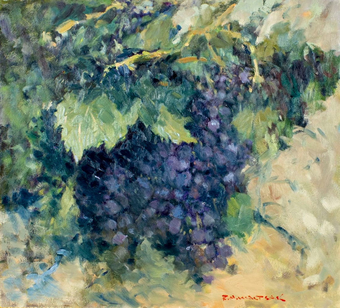 Robert Waltsak (NJ,b 1944) oil painting: ARTIST: Robert Alan Waltsak (New Jersey, born 1944) TITLE: Bunch of Grapes MEDIUM: oil on board CONDITION: Few very minor paint losses. No visible inpaint under UV light.