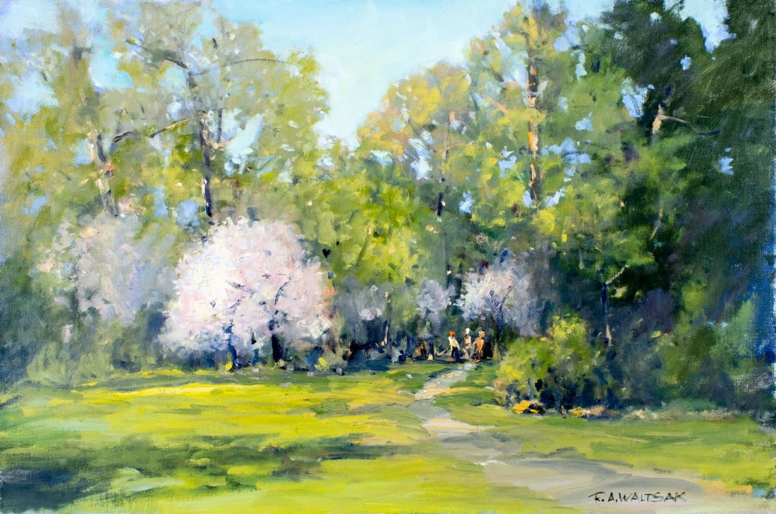 Robert Waltsak (NJ,b 1944) oil painting: ARTIST: Robert Alan Waltsak (New Jersey, born 1944) TITLE: Park Landscape MEDIUM: oil on canvas CONDITION: Few very minor paint losses. No visible inpaint under UV light.