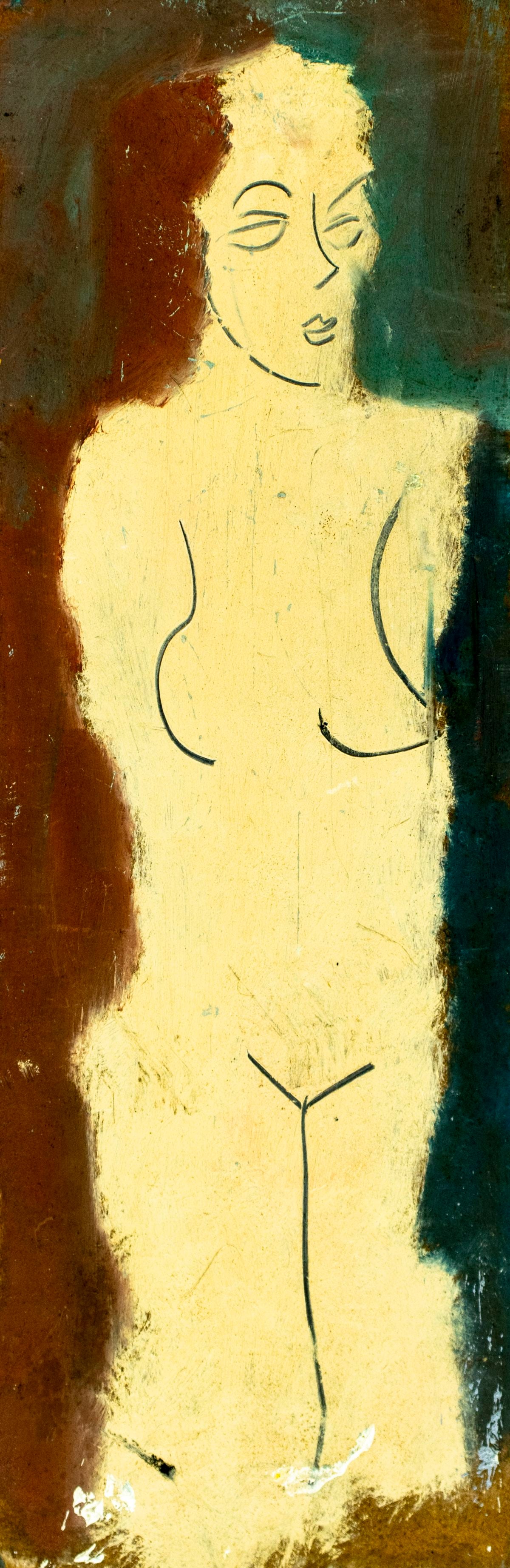 Sterling Strauser (PA,1907-1995) oil painting: ARTIST: Sterling Boyd Strauser (Pennsylvania, 1907 - 1995) TITLE: Nude MEDIUM: oil on board CONDITION: Some scratches. No visible inpaint under UV light. Normal wear to edge