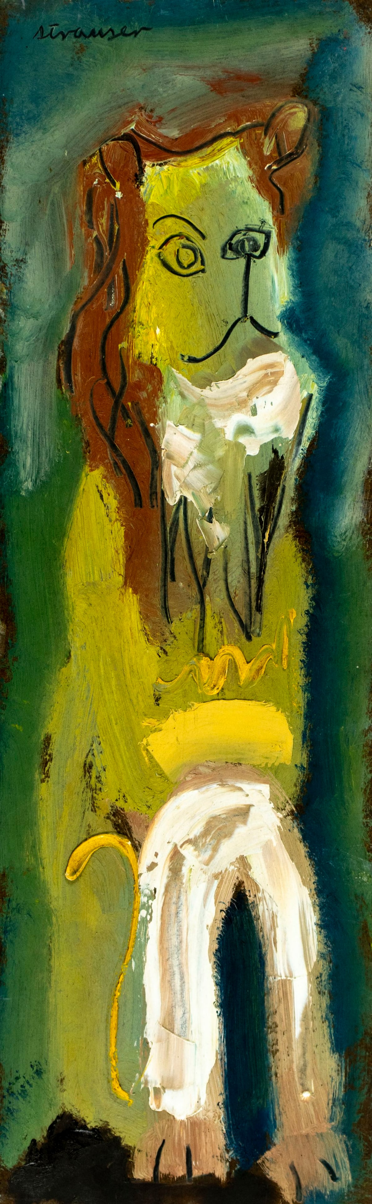 Sterling Strauser (PA,1907-1995) oil painting: ARTIST: Sterling Boyd Strauser (Pennsylvania, 1907 - 1995) TITLE: Lion MEDIUM: oil on board CONDITION: Few small scratches/paint losses. No visible inpaint under UV light. N