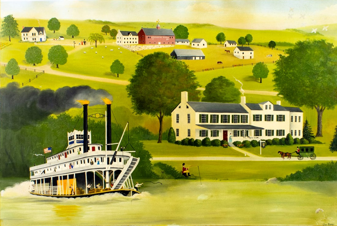 James Wallace Baker (US,20C) oil painting: ARTIST: James Wallace Baker (American, 20 century) TITLE: A Vue of Sewickley, PA (titled on label) YEAR: 1982 MEDIUM: oil on board CONDITION: Few minor s