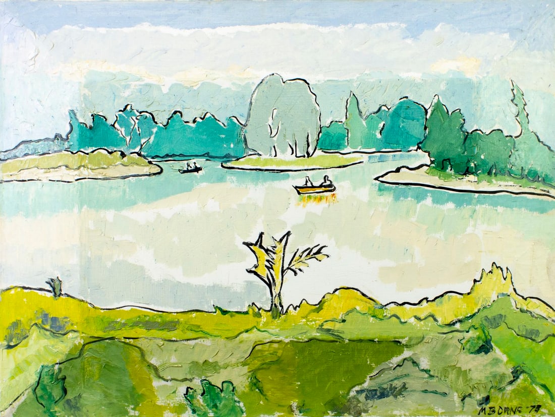Mortimer Borne (NY,Poland,1902-1987) oil painting 3D: ARTIST: Mortimer Borne (New York, Polish, 1902 - 1987) TITLE: Park Landscape, Ramat Gan, Israel (titled on verso) YEAR: 1978 MEDIUM: oil on canvas CONDITION: